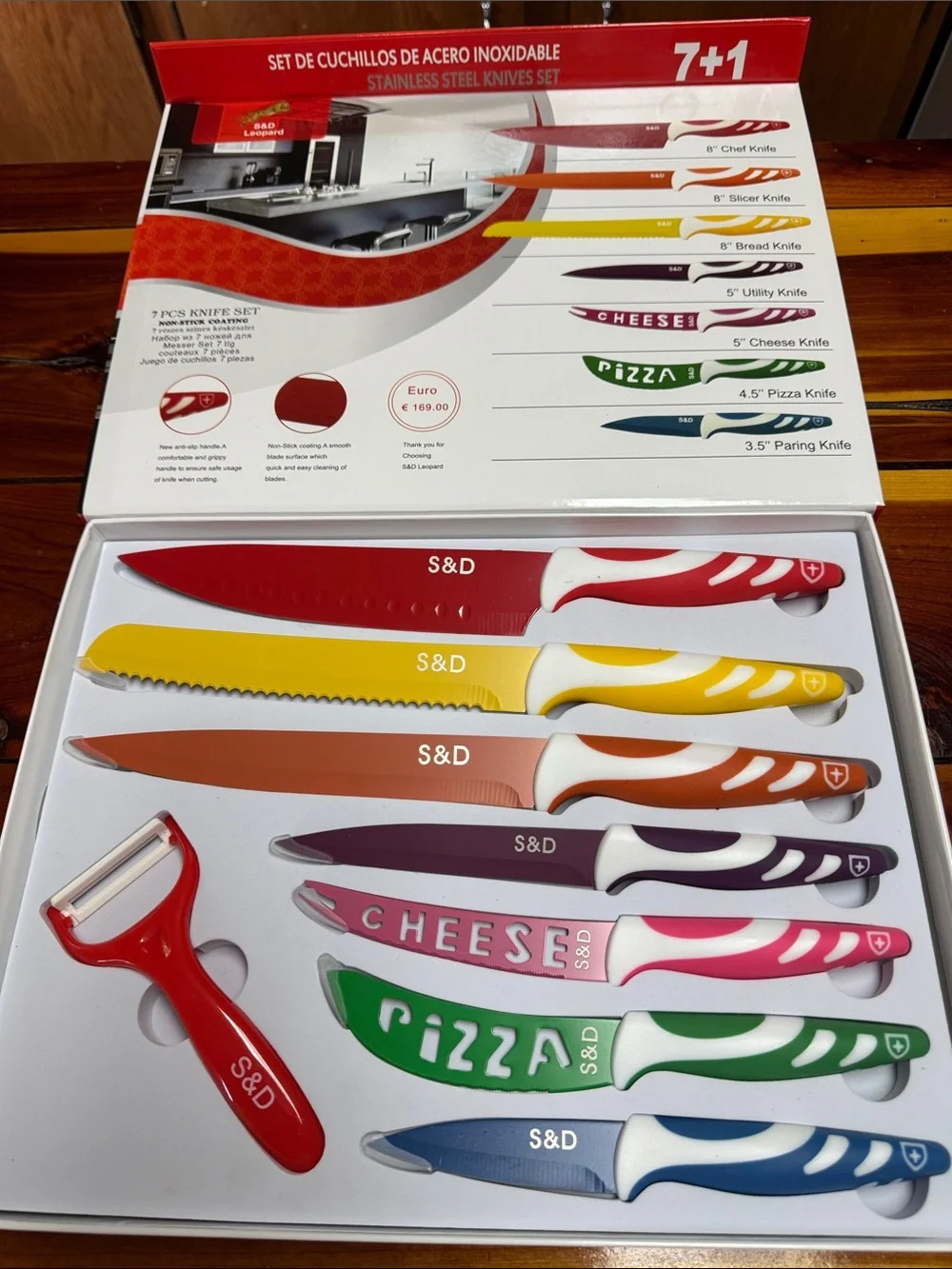 S&D Color-Coded 7+1 Kitchen Knife Set – Red Yellow Orange Purple Pink Green Blue